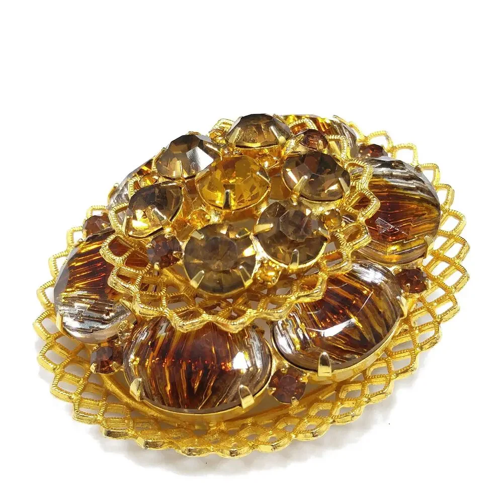 Light Dark Topaz Rhinestones Filigree Brooch, Art Glass, Two Tiered Oval Pin